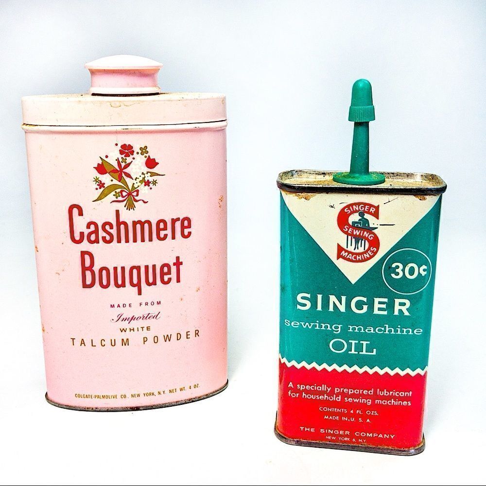 2 Vintage Product Tins: Singer Oil & Cashmere Bouquet Talcum Powder